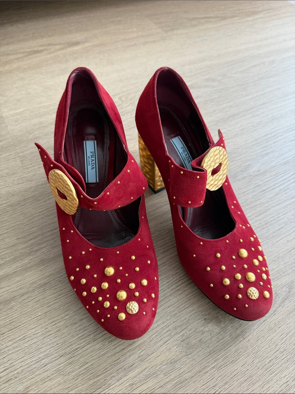 Prada Red Suede Mary Jane Heels with Gold Studs and Sculpted Heel - Picture 2 of 13